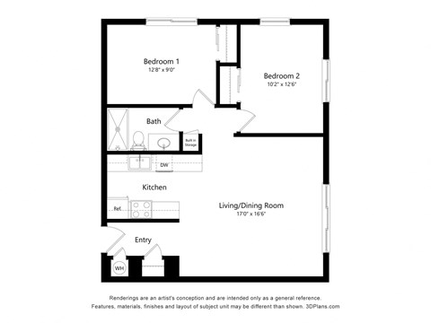 Floor plan for 2 beds, 1 bath, 900 sqft